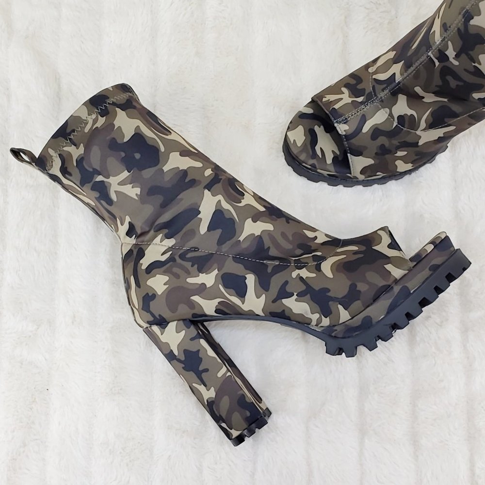 Natalie Camo Chunky Heel Stretch Open Toe Ankle Boots RESTOCKED
